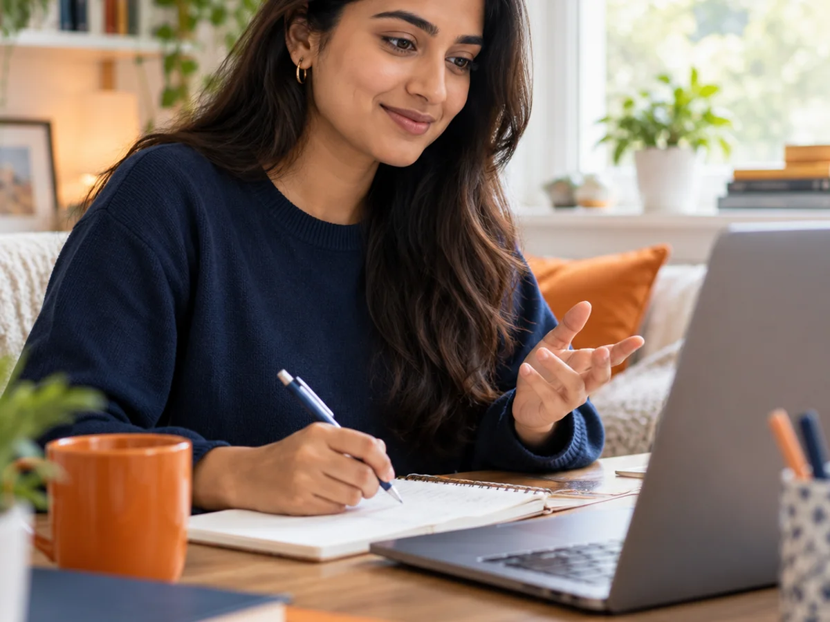 A learner taking part in an online lesson at a home study desk