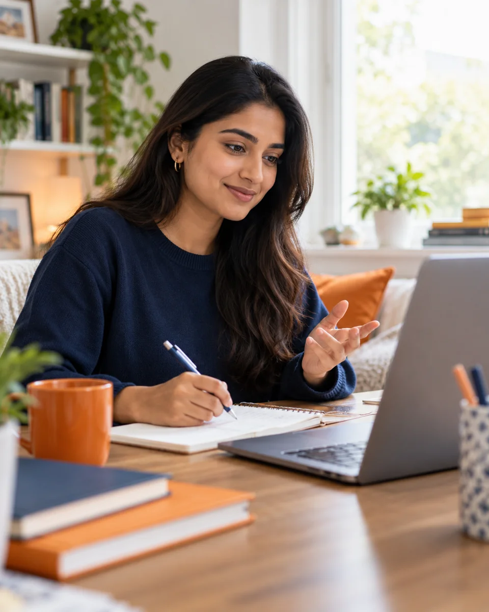 A learner taking part in an online lesson at a home study desk